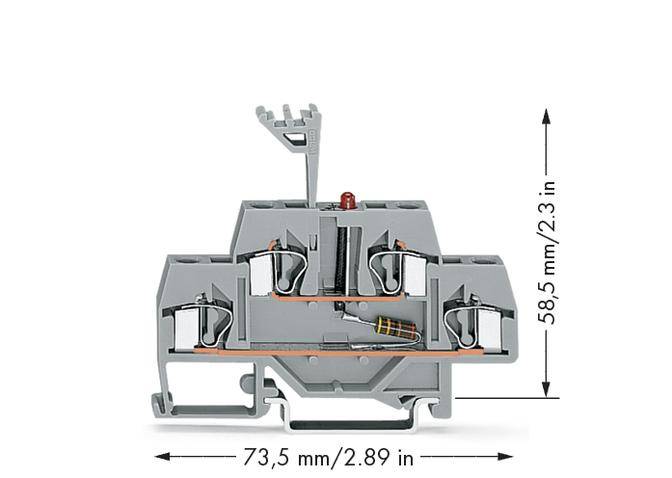 Graues elektrisches Bauteil mit Klemmen, Pfeile zeigen Maße: 58,5 mm hoch, 73,5 mm breit. Geeignet für industrielle Anwendungen.