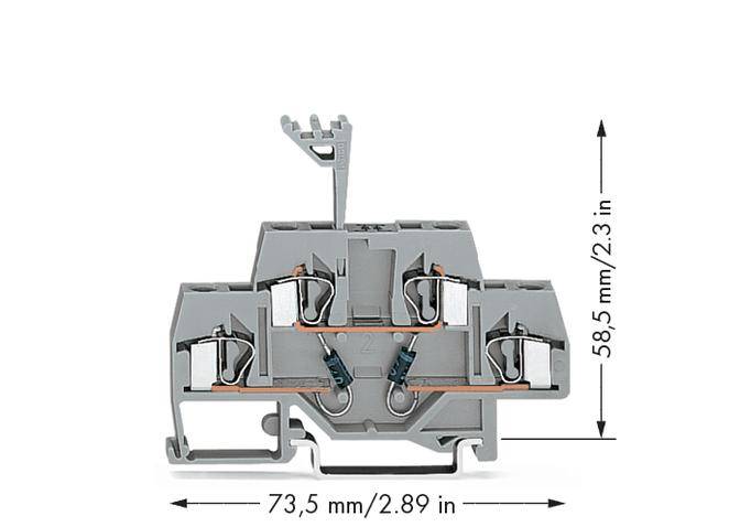 Grau-transparentes Klemmenmodul, Maße: 73,5 mm x 58,5 mm, doppelte Anschlussreihe, orangefarbene Verbindungen, seitliche Öffnungen.