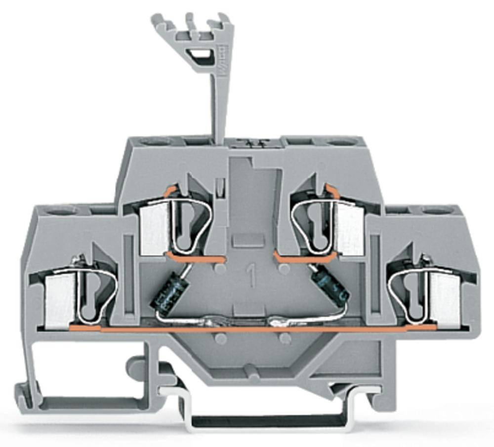 Grauer Reihenklemmenblock mit Metallkontakten und Leiteranschlüssen, zur Verbindung elektrischer Leitungen in Schalttafeln.