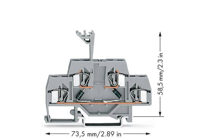 Draufsicht auf eine graue, elektrische Reihenklemme mit den Maßen 73,5 mm/2,89 Zoll breit und 58,5 mm/2,3 Zoll hoch.