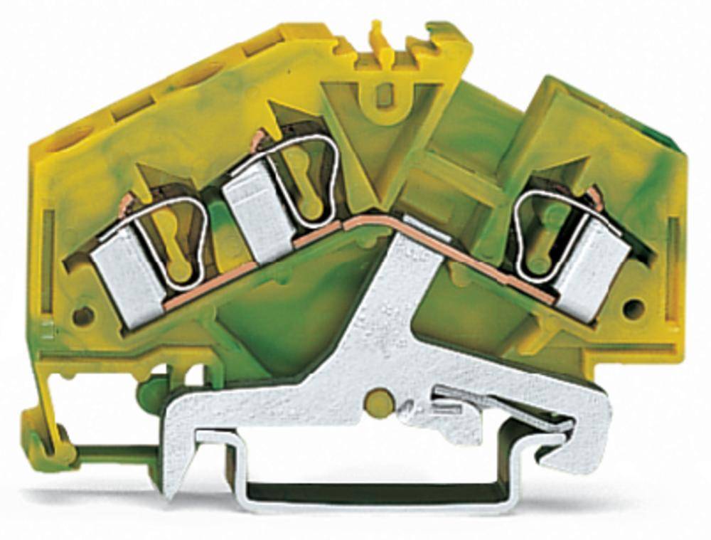 Querschnitt eines gelb-grünen Erdungsklemmenblocks mit Metallverbindungen und einem silbernen Befestigungsmechanismus.