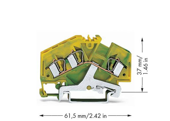 Klemmschelle in Gelb-Grün mit metallischen Kontakten. Maße: 61,5 mm Breite, 37 mm Höhe.