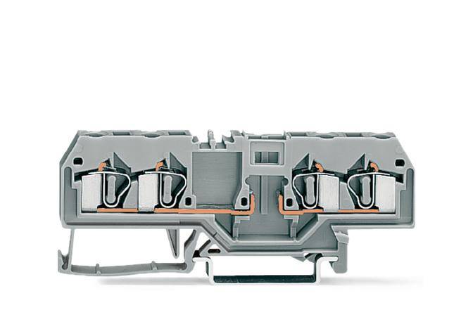 Graues, zweireihiges Reihenklemmensystem mit vier Kupferanschlüssen, geeignet für die elektrische Verdrahtung in Schaltschränken.