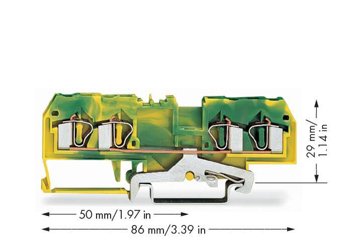Abbildung eines gelb-grünen Steckers mit Maßen: Breite 86 mm, Höhe 29 mm, Tiefe 50 mm. Zeigt Drahtklemmen und Metallverbindungen.