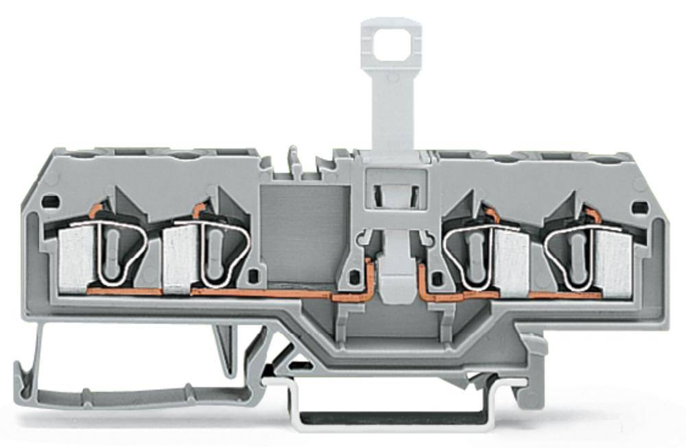 Ein grauer Reihenklemmblock mit mehreren Anschlussmöglichkeiten, geeignet zur sicheren Verdrahtung in elektrischen Schaltkreisen.