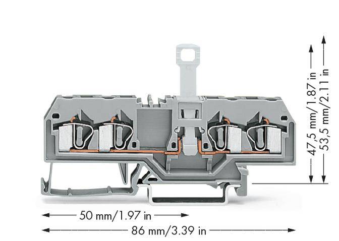Querschnitt einer Klemmtabelle mit Abmessungen: Breite 86 mm (3,39 Zoll), Höhe 47,5 mm (1,87 Zoll), Tiefe 53,5 mm (2,11 Zoll).