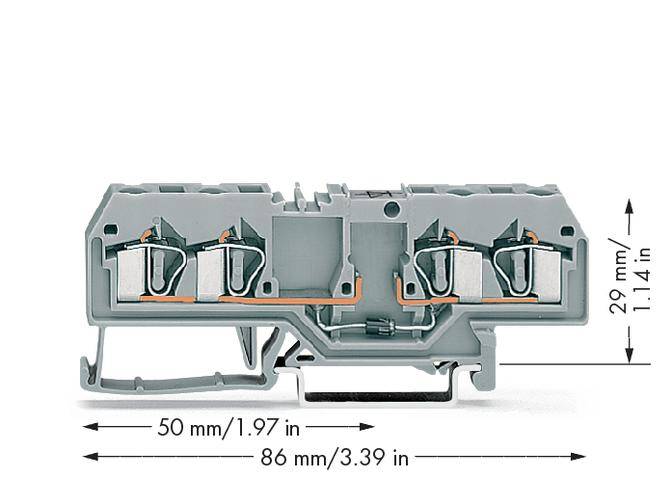 Grauer elektrischer Anschlussblock mit zwei Klemmen, abgebildet mit den Maßen: 29 mm hoch, 50 mm lang, 86 mm breit.
