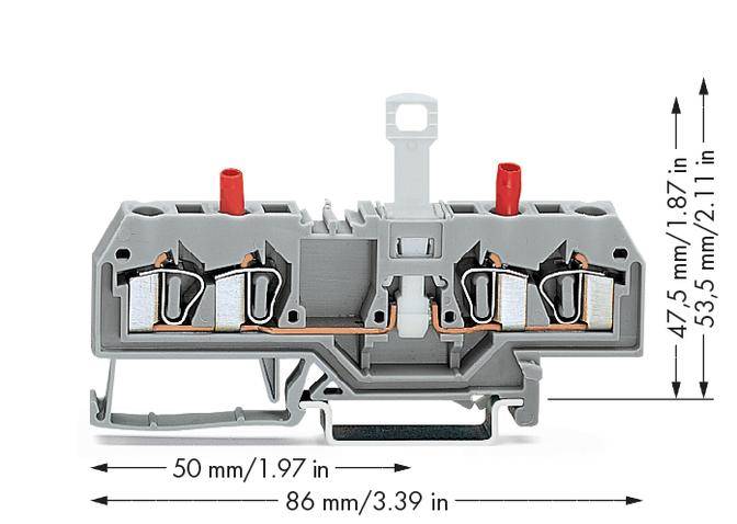 Graue Klemme mit Abmessungen: 47,5 mm hoch, 53,5 mm breit. Zwei rote Anschlüsse oben. Basis ist 50 mm breit, Gesamtbreite 86 mm.