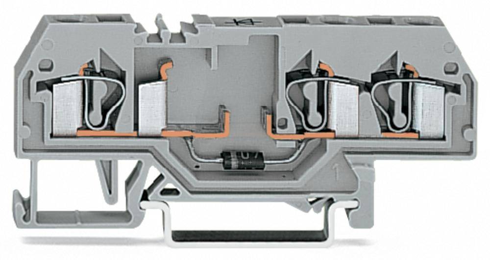 Grau-orangefarbene elektrische Klemme zur Verbindung mehrerer Kabel in einer Schalttafel.