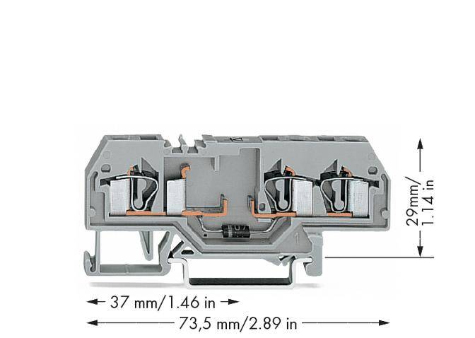 Grau gestufte Terminalblock mit zwei Ebenen, Maße: 37mm x 29mm x 73,5mm.