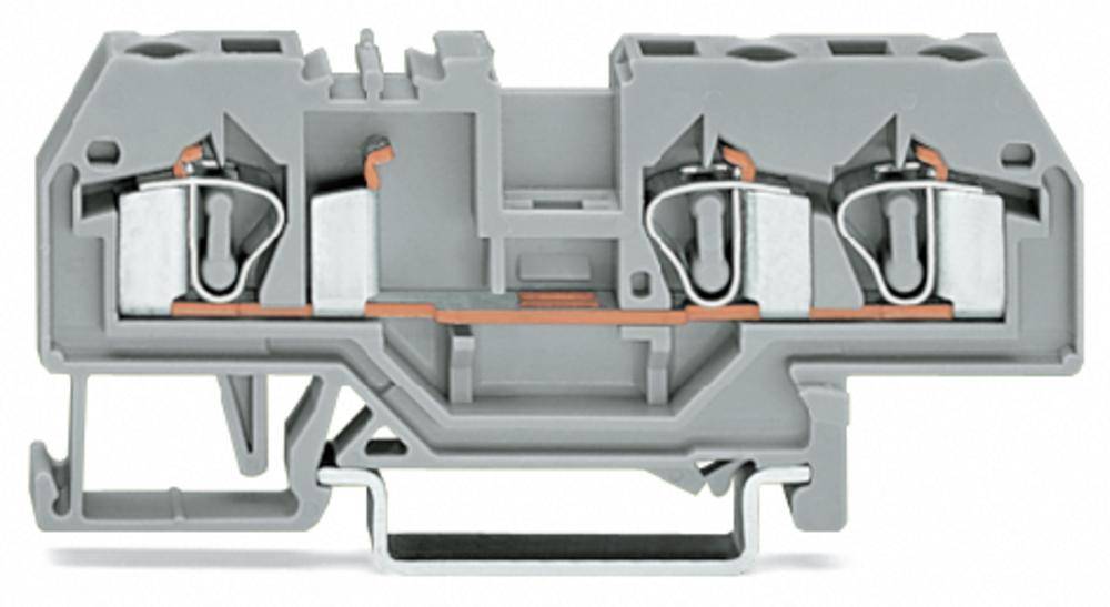 Graue elektrische Klemme mit zwei Anschlussstellen, Metallklemmen im Inneren sichtbar, verwendet zum Verbinden von Kabeln in Schaltschränken.