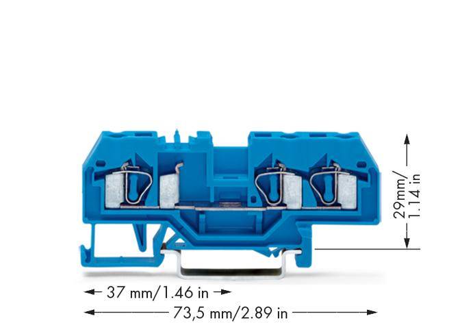 Blaues elektrisches Bauteil mit zwei Anschlüssen, Abmessungen: 37 mm x 29 mm x 73,5 mm, dargestellt mit Pfeilen zur Veranschaulichung.