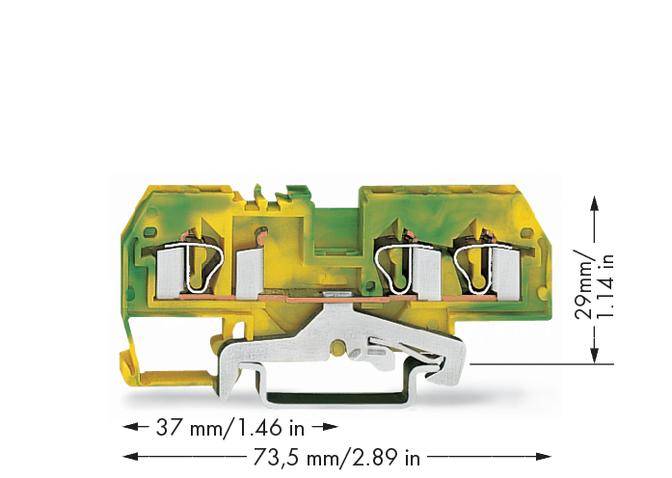 Elektrische Klemmverbindung mit den Maßen: Breite 73,5 mm, Höhe 29 mm, Tiefe 37 mm, gezeigt in farbigem Querschnitt.