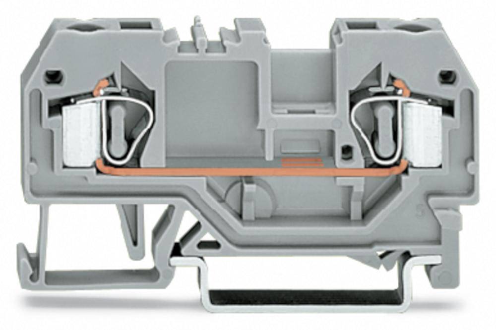 Grau-orangefarbener elektrischer Klemmenblock, zeigt interne Verkabelung und Klemmenmechanismus. Für industrielle Anwendungen geeignet.