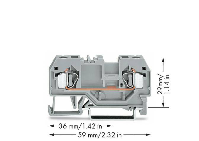 Grau-orange Klemmverbindung mit Maßen: Breite 36 mm/1,42 in, Höhe 29 mm/1,14 in, Länge 59 mm/2,32 in, zwei Klemmvorrichtungen.