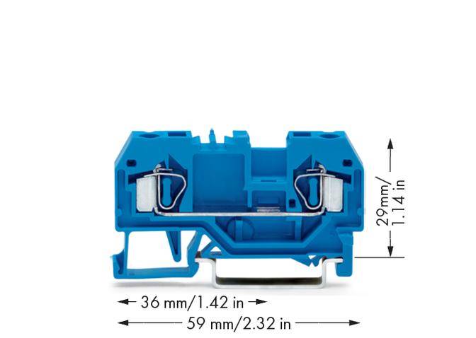 Klemme aus blauem Kunststoff mit Abmessungen: 36 mm Breite, 59 mm Länge und 29 mm Höhe.