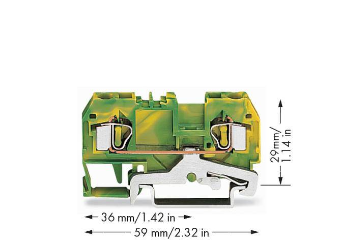 Elektrischer Klemmblock in grün-gelber Farbe, Abmessungen: 36 mm x 59 mm x 29 mm. Geeignet für elektrische Verbindungen.