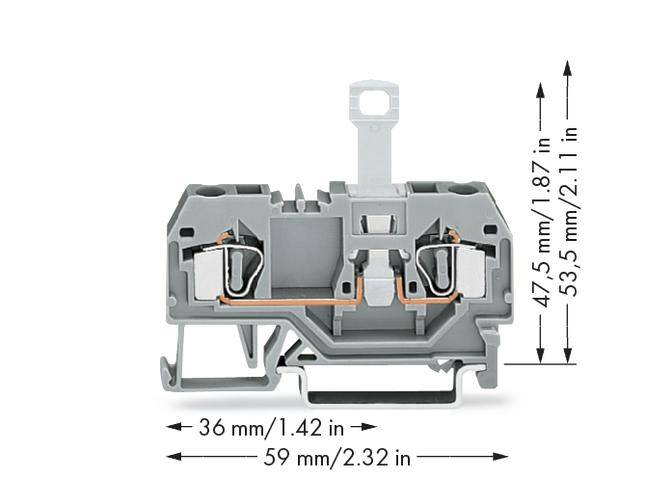Grauer elektrischer Klemmenblock mit angegebenen Maßen: Breite 59 mm, Höhe 53,5 mm, Tiefe 36 mm.