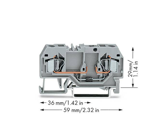 Grau Kunststoffklemme mit Metallkontakten. Maße: Breite 59 mm (2,32 in), Tiefe 36 mm (1,42 in), Höhe 29 mm (1,14 in) angezeigt.