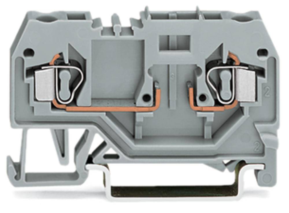 Graue elektrische Klemme mit zwei Steckplätzen und Kupferverbindungen, wird zur sicheren Verbindung von elektrischen Drähten verwendet.