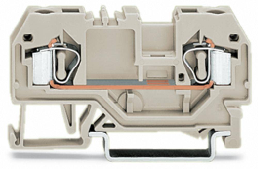 Abbildung eines grauen elektrischen Reihenklemmens mit metallischen Kontakten und einer orangen Verbindungsbrücke in der Mitte.