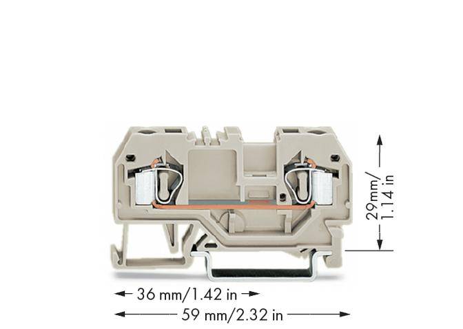 Kompakte graue Klemme mit Maßen 36 mm x 29 mm x 59 mm, geeignet für elektrische Verbindungen. Markierungen verdeutlichen die Größe.