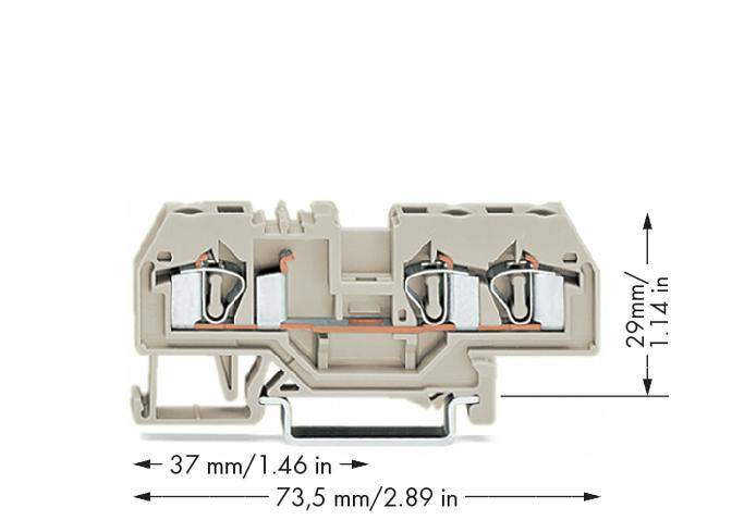 Ein grauer elektrischer Verbindungsklemme mit zwei Anschlussstellen, angegebenen Maßen (73,5 mm, 37 mm und 29 mm) und drei metallischen Kontakten.