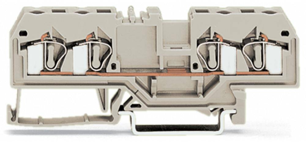 Reihenklemme mit zwei Schichten von Metalldrähten, graues Kunststoffgehäuse. Sie wird zum sicheren Anschluss elektrischer Kabel verwendet.