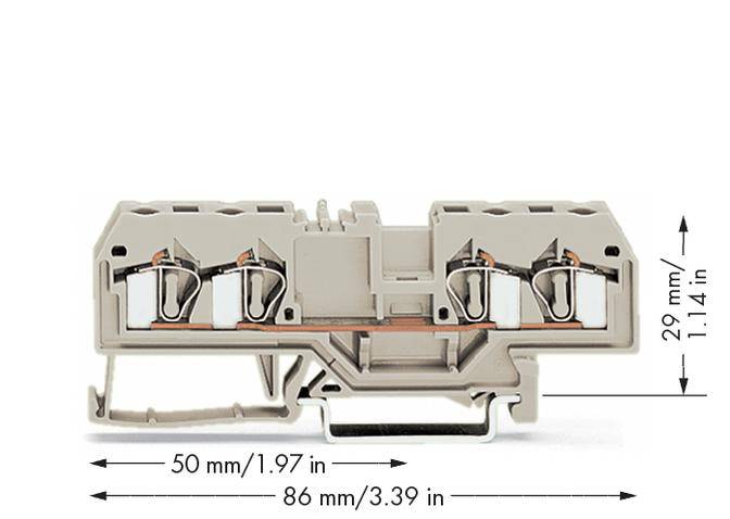 Bild eines elektrischen Klemmenblocks mit den Maßen: Höhe 29 mm (1,14 Zoll), Breite 86 mm (3,39 Zoll), Tiefe 50 mm (1,97 Zoll).