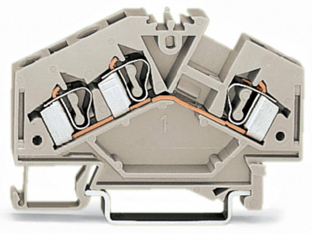 Elektrische Klemme mit zwei Anschlüssen. Sie ist grau und zeigt eine komplexe Innenstruktur für Drahtbefestigung und -verbindung.