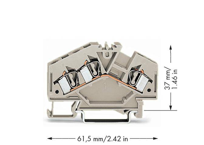 Abbildung eines elektrischen Klemmblocks mit Maßen: Höhe 37 mm (1,46 Zoll) und Breite 61,5 mm (2,42 Zoll).
