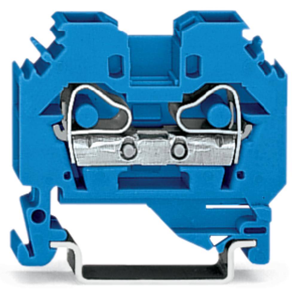 Ein blauer Sicherungshalter mit Metallkontakten, der mechanische und elektrische Verbindungen ermöglicht.