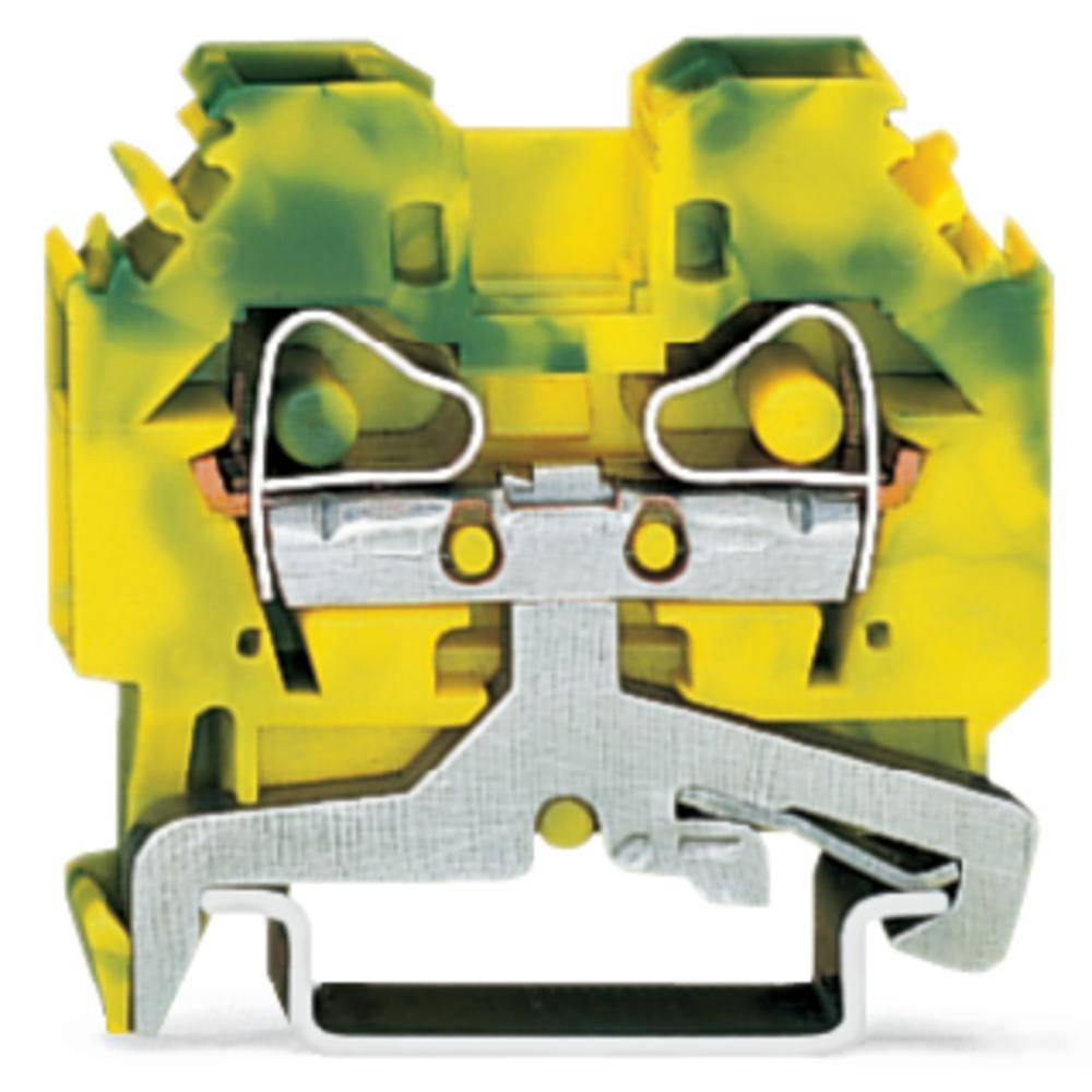 Ein gelb-grüner Klemmenblock, der für elektrische Verbindungen auf Schienenmontage verwendet wird. Zeigt die Metallklemme und Anschlüsse.