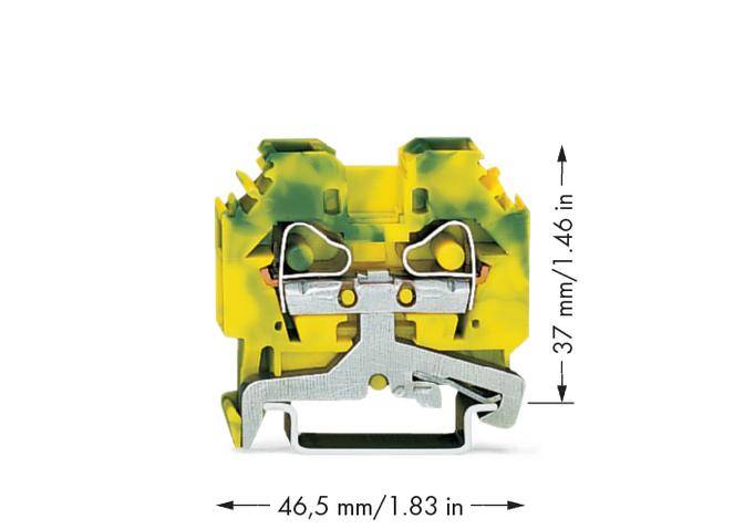 Gelb-grüner Klemmenblock mit Maßen: Breite 46,5 mm (1,83 in), Höhe 37 mm (1,46 in). Hauptbestandteil ist aus Metall mit Kunststoffgehäuse.