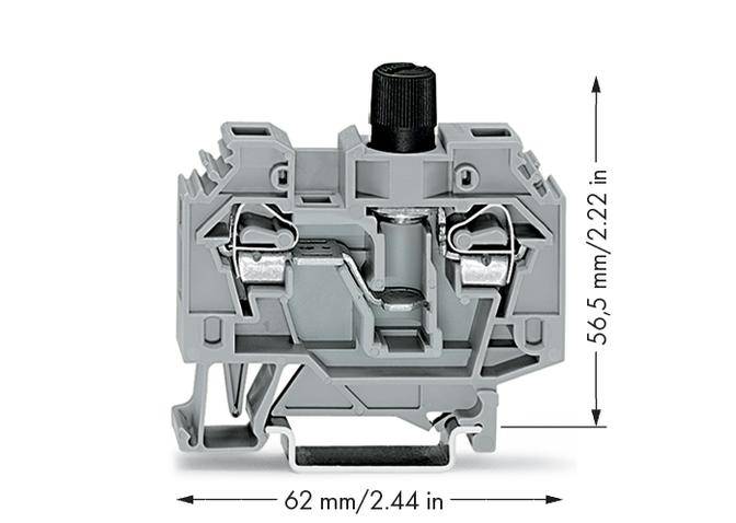 Graues elektrisches Bauteil, das von zwei Pfeilen mit Maßen umgeben ist: Breite 62 mm (2,44 Zoll), Höhe 56,5 mm (2,22 Zoll).