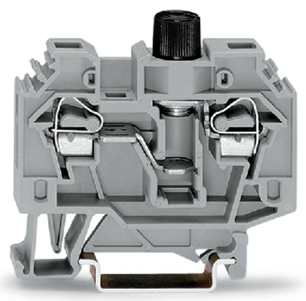 Graue Klemmenblock, seitlich aufgenommen, mit schwarzer Schraube oben in der Mitte. Benutzerfreundlich für elektrische Verbindungen.