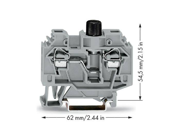 Grauer elektrischer Schalter mit Zugfederanschluss, schwarzer Drehknopf oben. Maße: 62 mm breit, 54,5 mm hoch.
