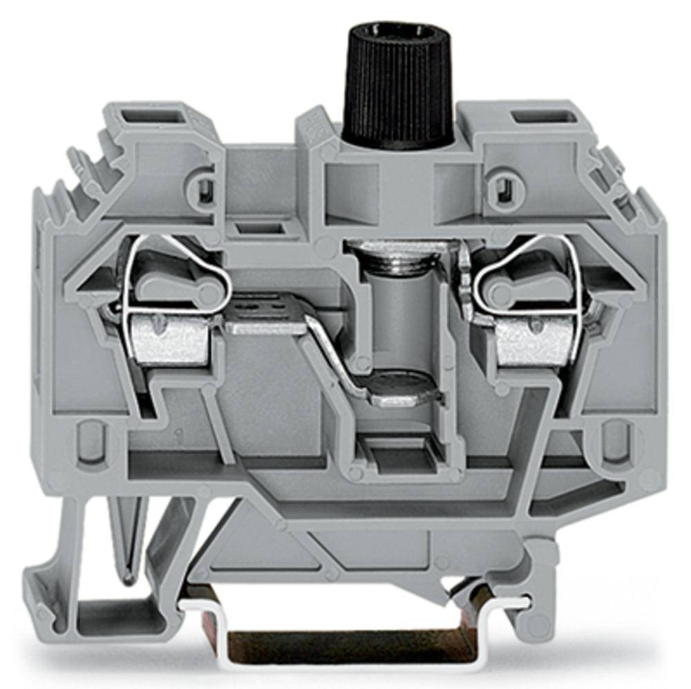 Grau farbige Klemme, seitliche Ansicht, zeigt den Mechanismus mit Metallelementen und schwarzem Schraubendrehknopf oben.