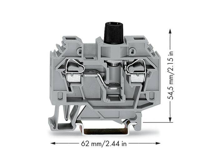Grau gefärbter Leitungsklemmenblock mit den Abmessungen 62 mm Breite und 54,5 mm Höhe, gezeigt mit technischen Details.