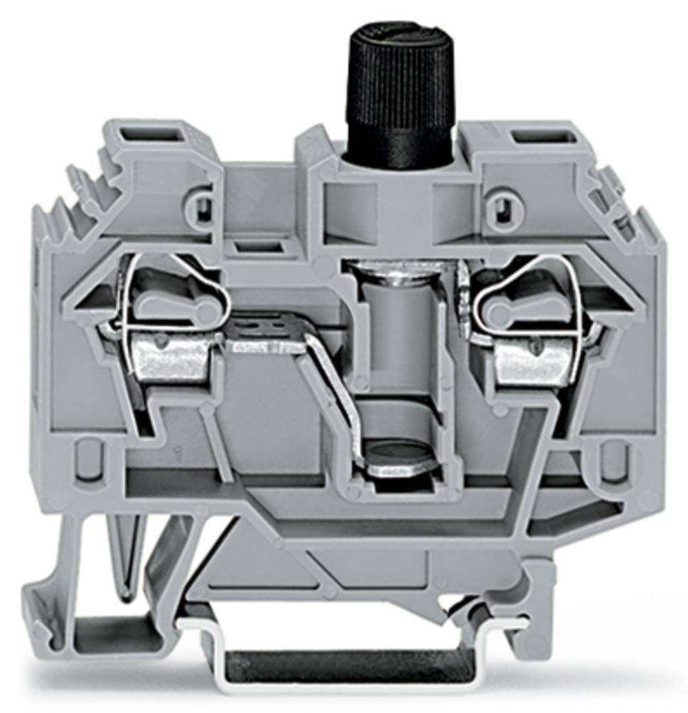 Grau-silberne Klemmenanordnung mit einem schwarzen Drehknopf, zeigt Befestigungsmechanismen und interne elektrische Kontakte.