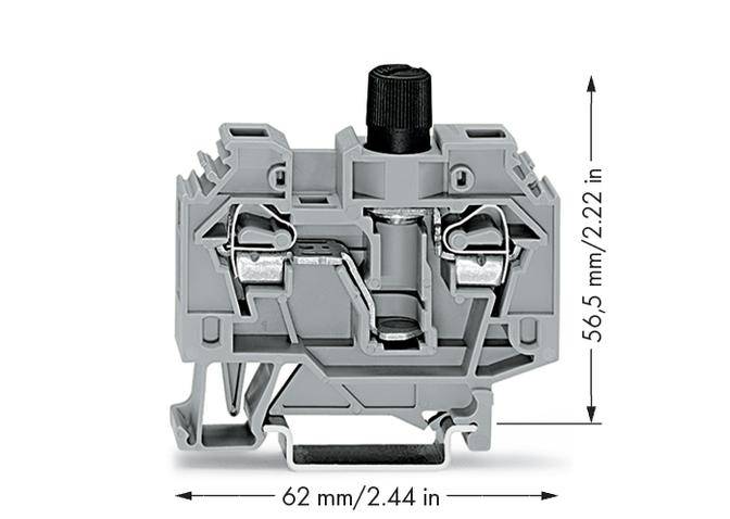 Grau-blaues Klemmenmodul mit Abmessungen: Höhe 56,5 mm, Breite 62 mm. Zeigt den internen Mechanismus mit Schraubklemmen.