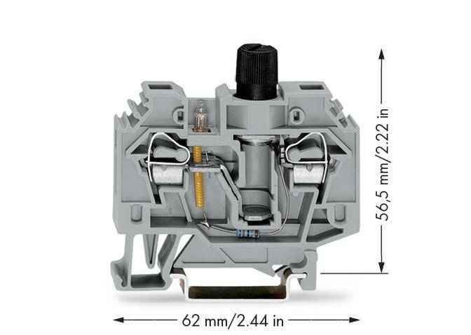 Graue elektrische Klemmleiste mit zwei Federanschlüssen, Schraubklemme oben. Maße: 62 mm breit, 56,5 mm hoch.