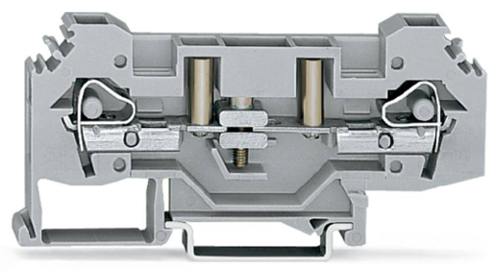 Graue elektrische Reihenklemme aus Kunststoff, mit Metallkomponenten zur Kabelbefestigung, vor weißem Hintergrund.