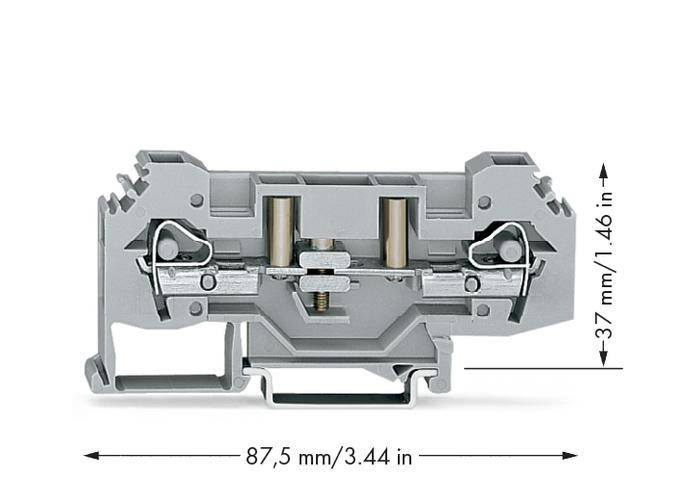 Graues Verbindungselement mit Abmessungen: 87,5 mm breit und 37 mm hoch. Zeigt technische Details und Mechanik.