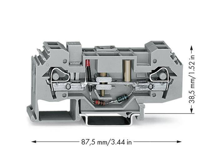 Graues Elektromodul in Seitenansicht mit Abmessungen: 87,5 mm x 38,5 mm.