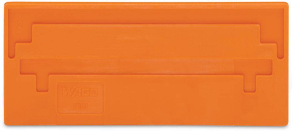 Ein einfaches, rechteckiges, oranges Kunststoffwerkzeug, möglicherweise ein Klemmenhalter oder Messgerät, ohne erkennbare Markierungen oder Beschriftungen.