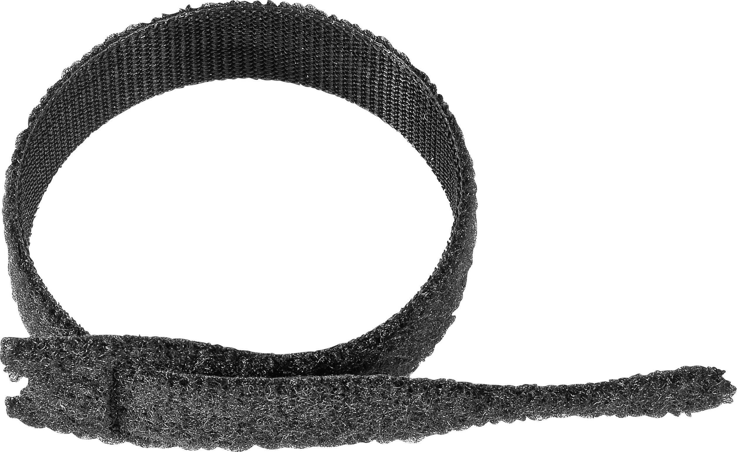 Ein schwarzer Klettverschluss-Streifen ist aufgerollt und liegt auf einem weißen Hintergrund.