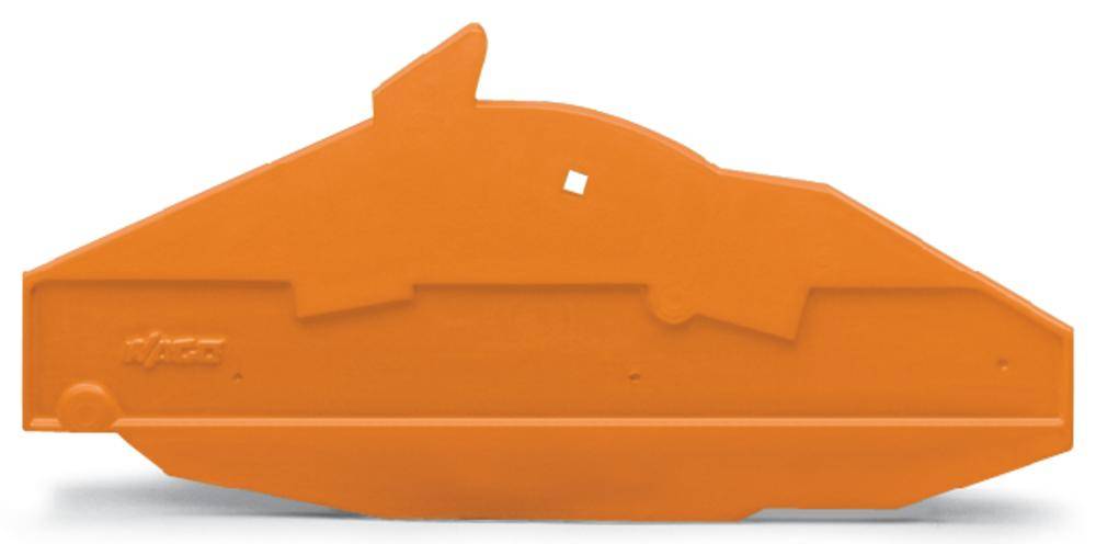 Orange, flaches Kunststoffwerkzeug mit schrägen Kanten und einem kleinen quadratischen Loch in der Mitte; möglicherweise ein Schneidewerkzeug.