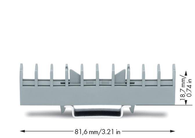 Bild zeigt eine graue Kabelklemme mit sechs Steckplätzen und den Abmessungen 81,6 mm Breite und 18,7 mm Höhe.