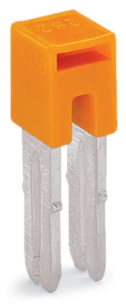 Ein orangefarbener, rechteckiger Sicherungseinsatz mit zwei metallischen Kontaktbeinchen.